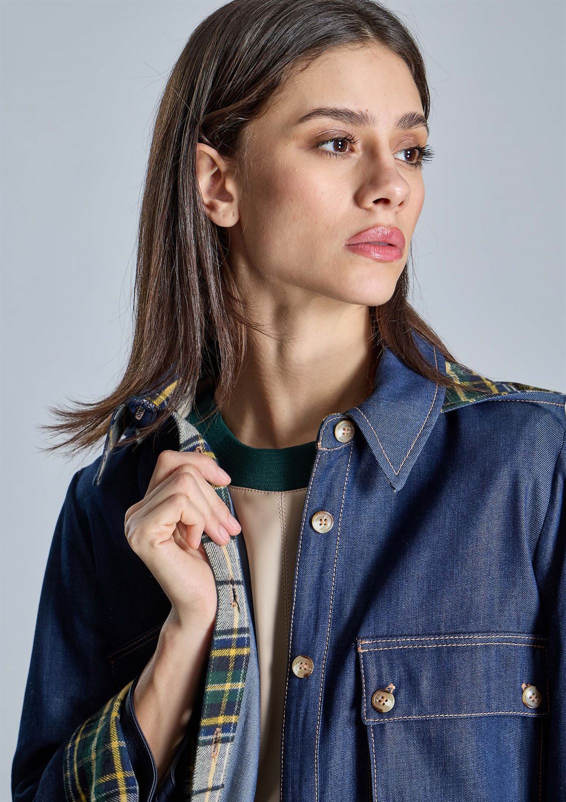 ALBA CONDE Blusa Denim Combinada Cuadros - Imagen 1