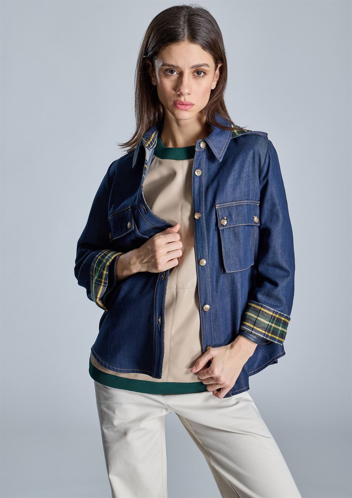 ALBA CONDE Blusa Denim Combinada Cuadros - Imagen 2