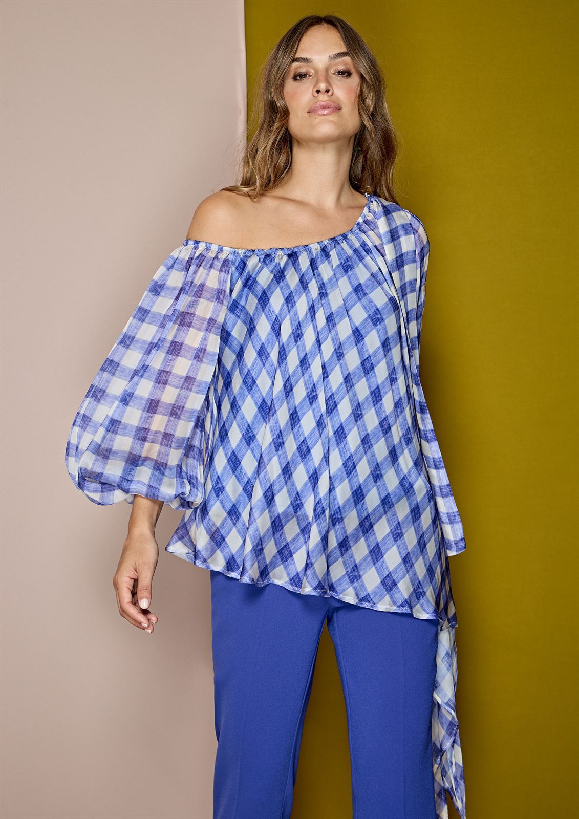 ALBA CONDE Blusa Gasa Cuadros Azules - Imagen 3