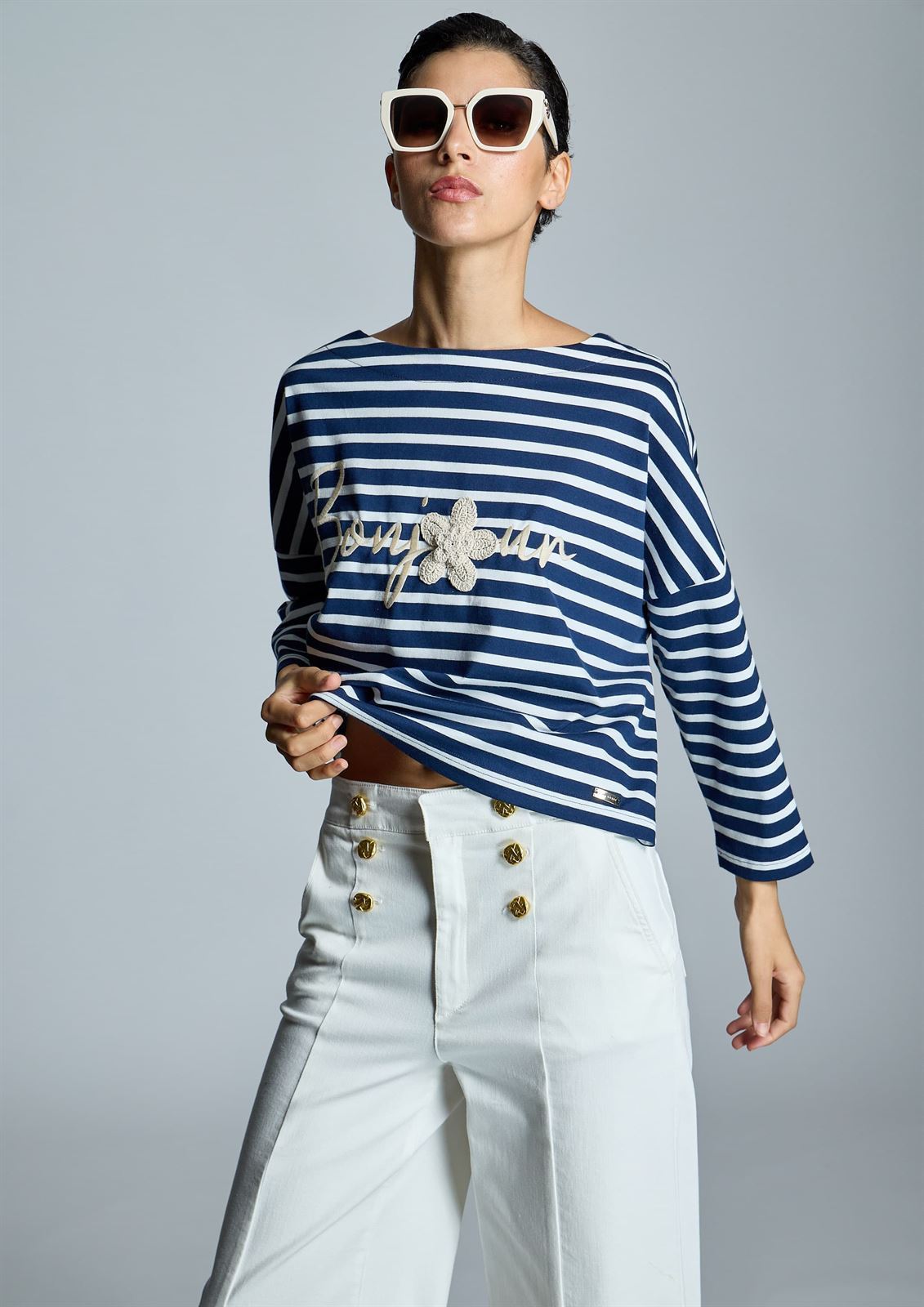 ALBA CONDE Camiseta Rayas Bordado - Imagen 1