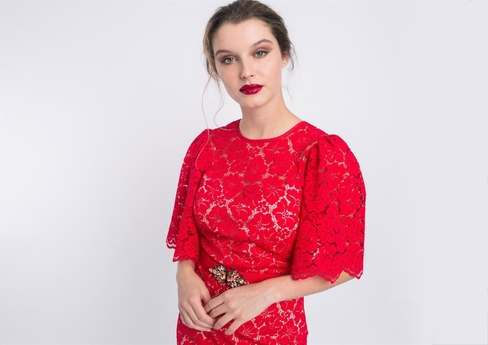ALBA CONDE Vestido Midi Crochet Rojo - Imagen 1