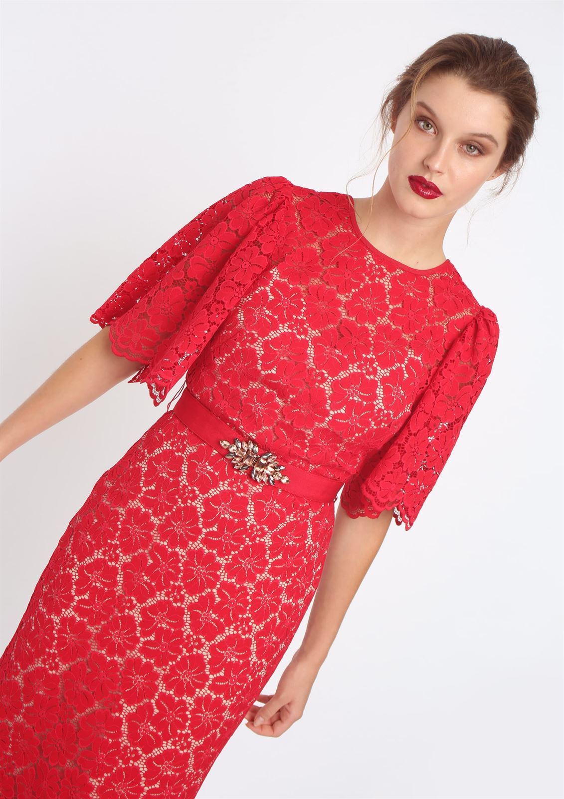 ALBA CONDE Vestido Midi Crochet Rojo - Imagen 3