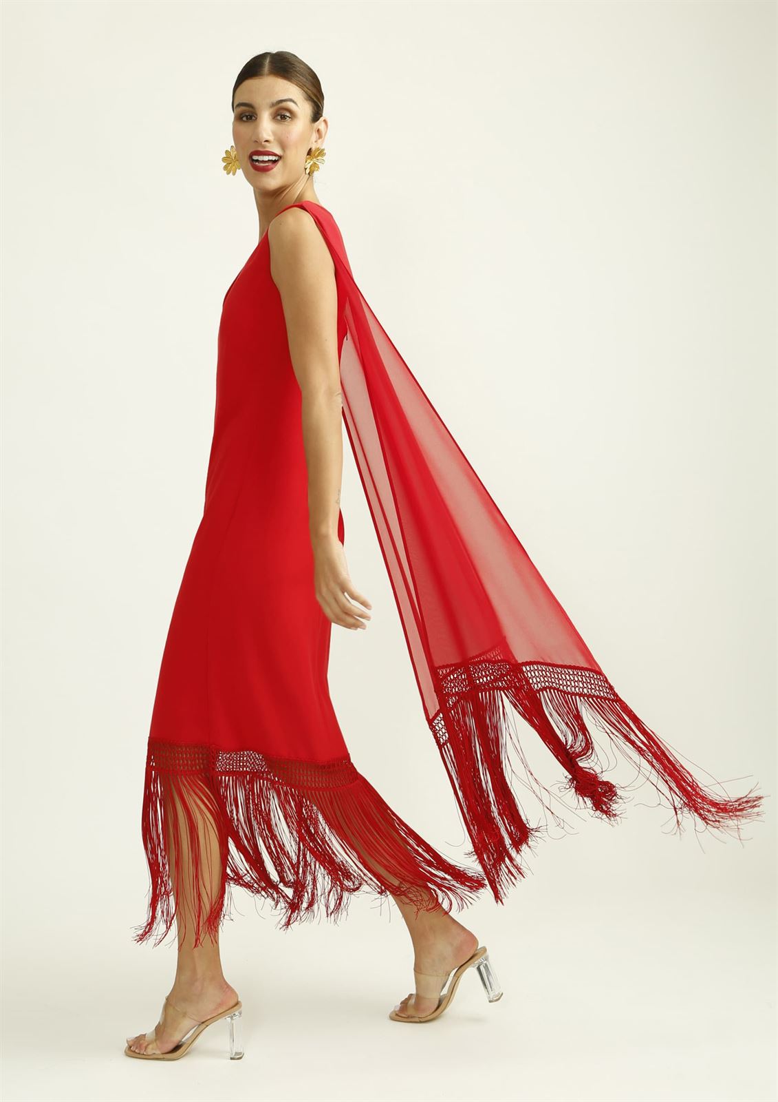 ALBA CONDE Vestido Rojo con Flecos en el Bajo - Imagen 2