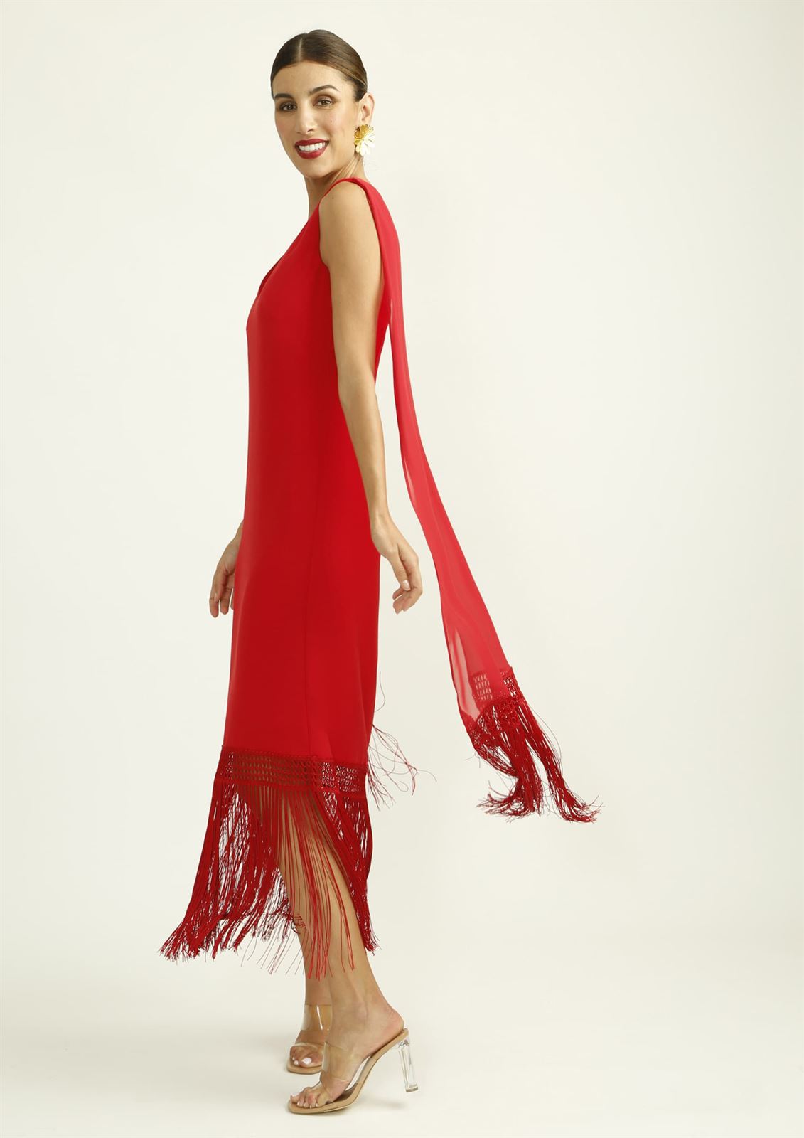 ALBA CONDE Vestido Rojo con Flecos en el Bajo - Imagen 3